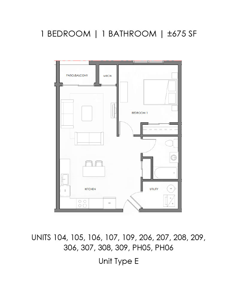 Floor plan for 1 bed, 1 bath, 675 sqft